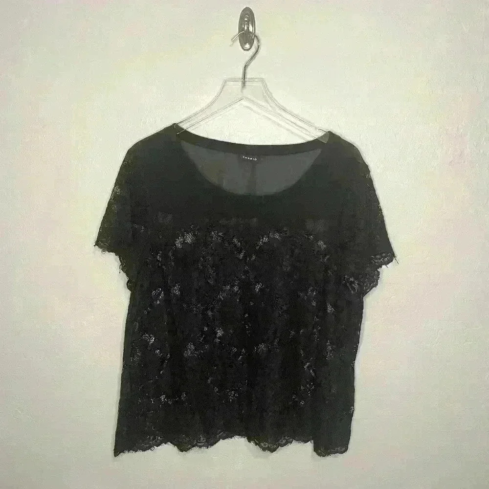 Torrid Black Chiffon Sheer Lace Crop Crew Neck Top 1 1X 14/16